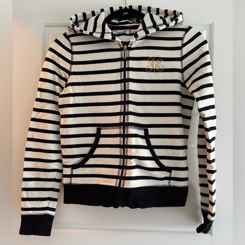 PRE-OWNED Juicy Couture Black and White Striped Hoodie with Golden logo | S